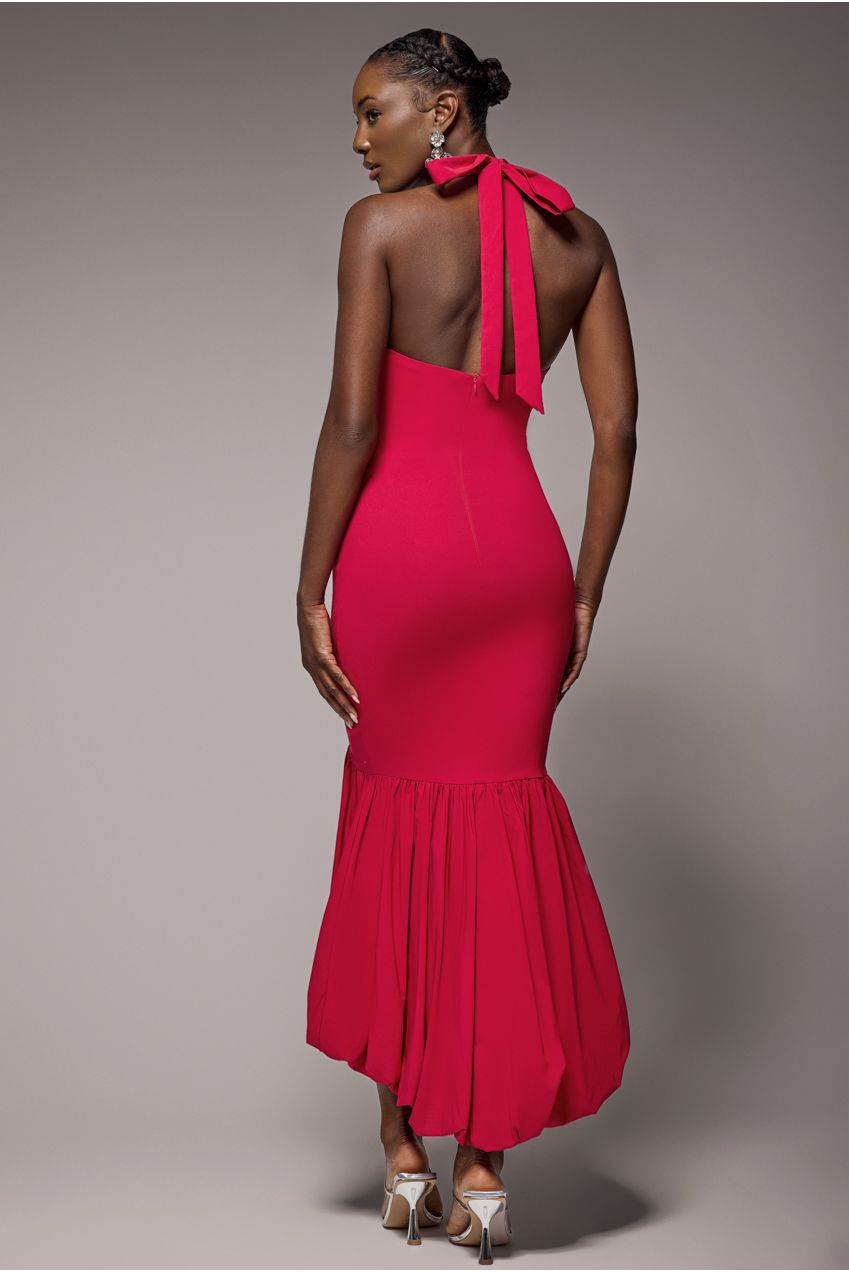Goddiva Halter Neck Puff Hem Mermaid Midaxi Dress - Red