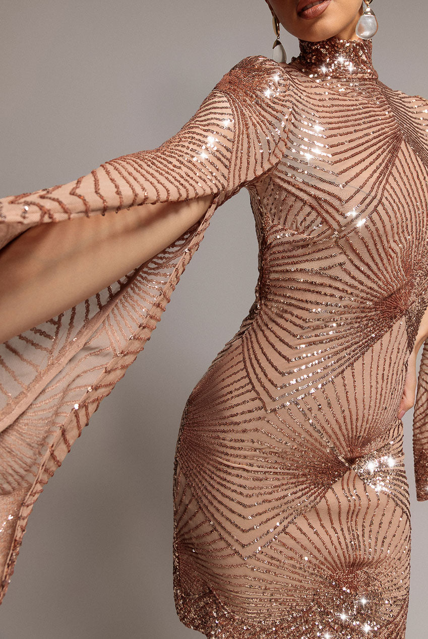 Goddiva Sequin Starburst Cape Sleeve Mini Dress - Champagne