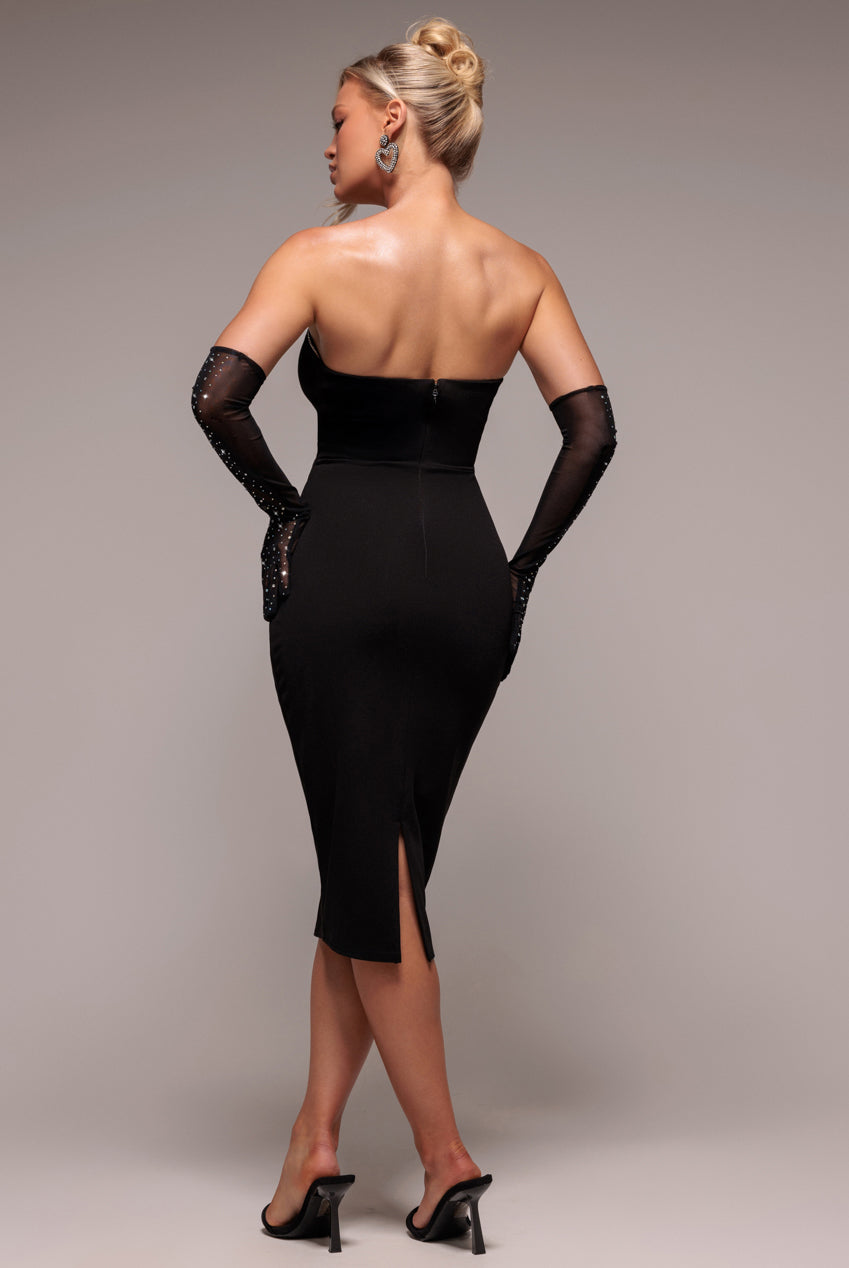Goddiva Strapless Super Plunge Diamante Neck Midi Dress - Black