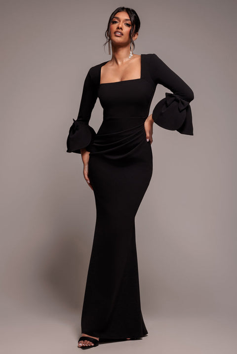 Goddiva Petal Bow Sleeve Frill Maxi Dress - Black
