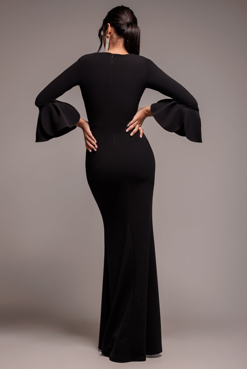 Goddiva Petal Bow Sleeve Frill Maxi Dress - Black
