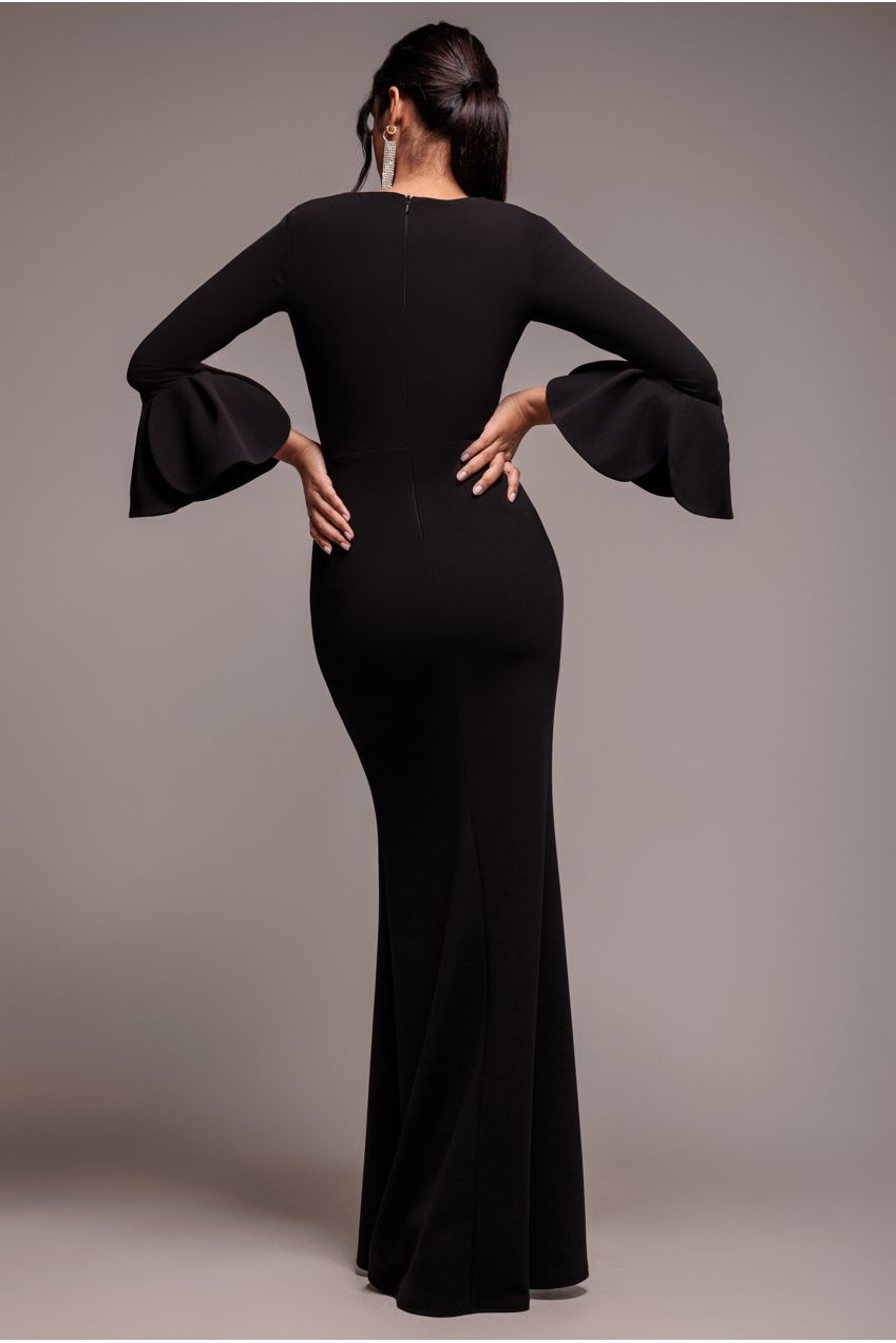 Goddiva Petal Bow Sleeve Frill Maxi Dress - Black