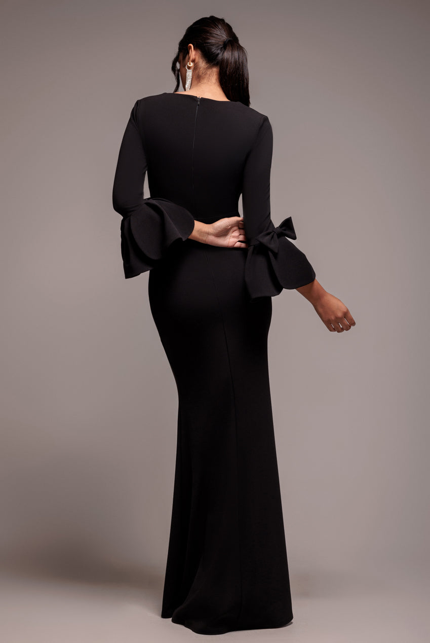 Goddiva Petal Bow Sleeve Frill Maxi Dress - Black