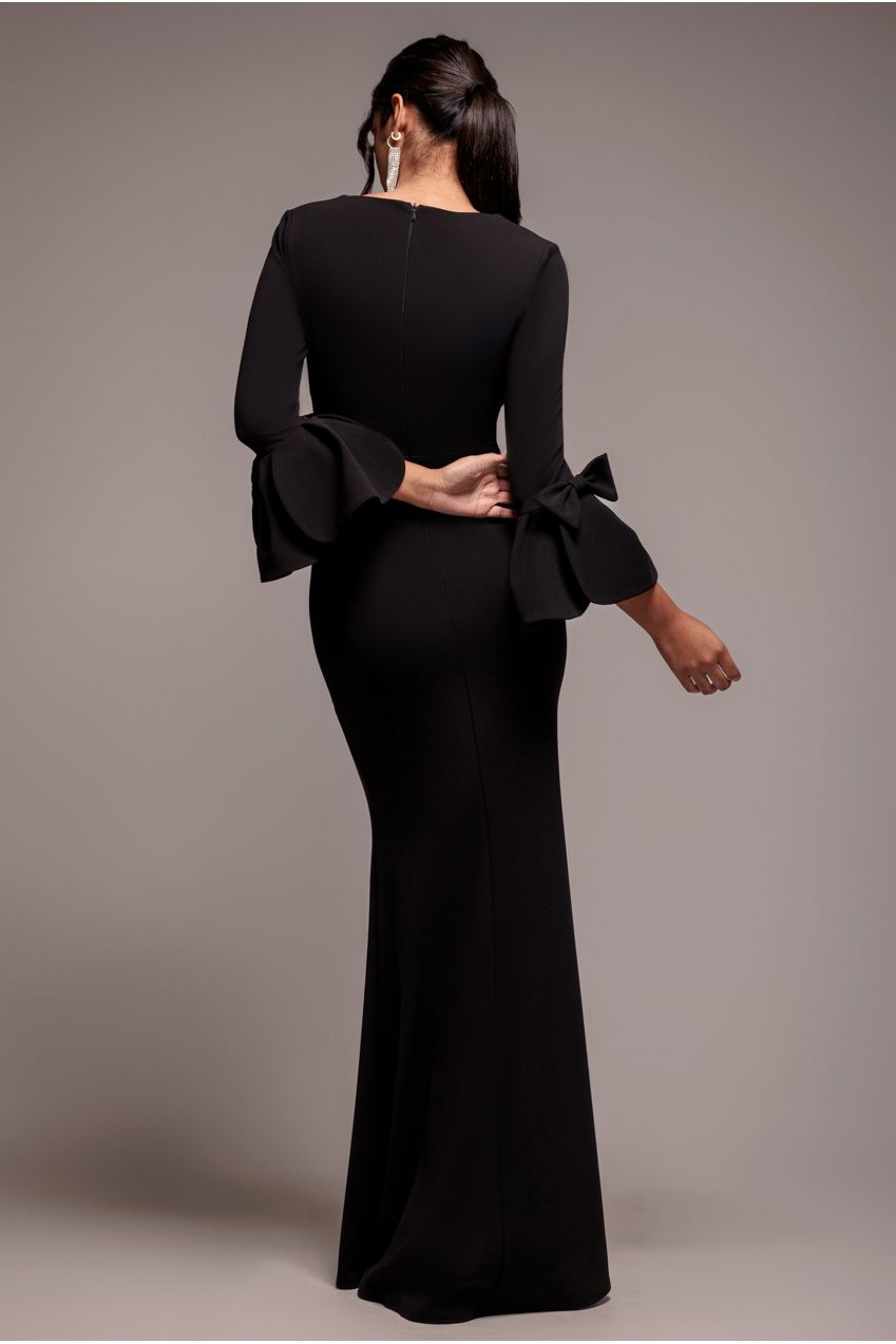Goddiva Petal Bow Sleeve Frill Maxi Dress - Black