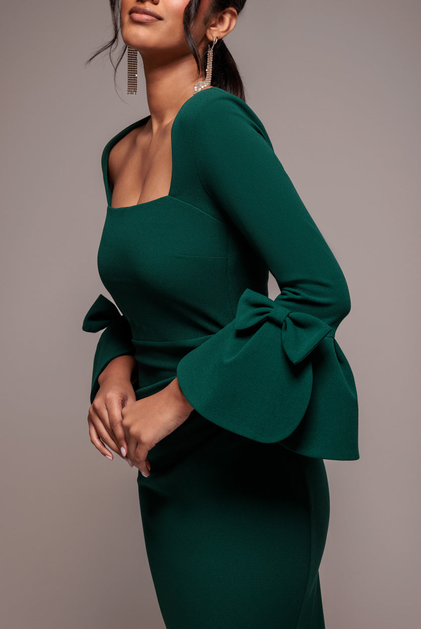 Goddiva Petal Bow Sleeve Frill Maxi Dress - Emerald Green