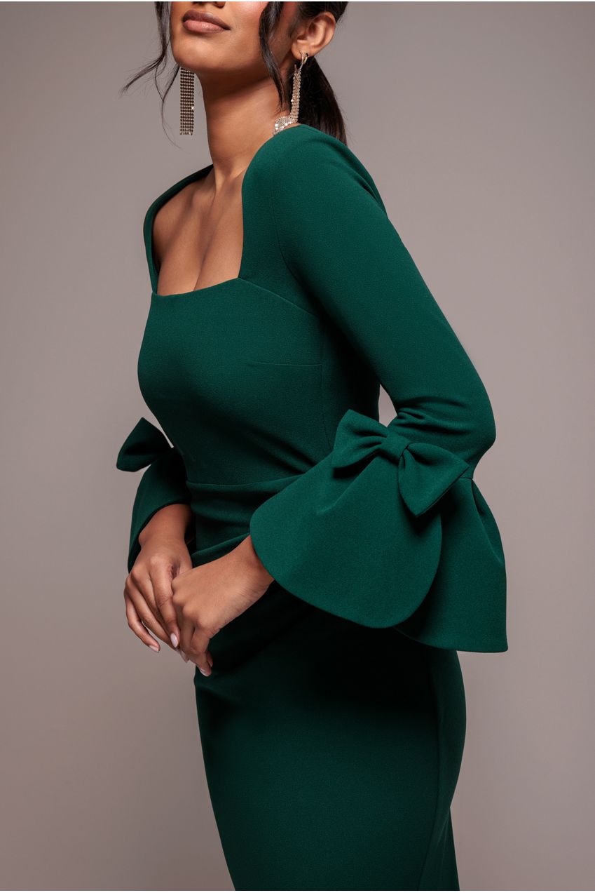 Goddiva Petal Bow Sleeve Frill Maxi Dress - Emerald Green