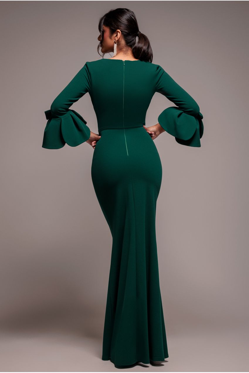 Goddiva Petal Bow Sleeve Frill Maxi Dress - Emerald Green