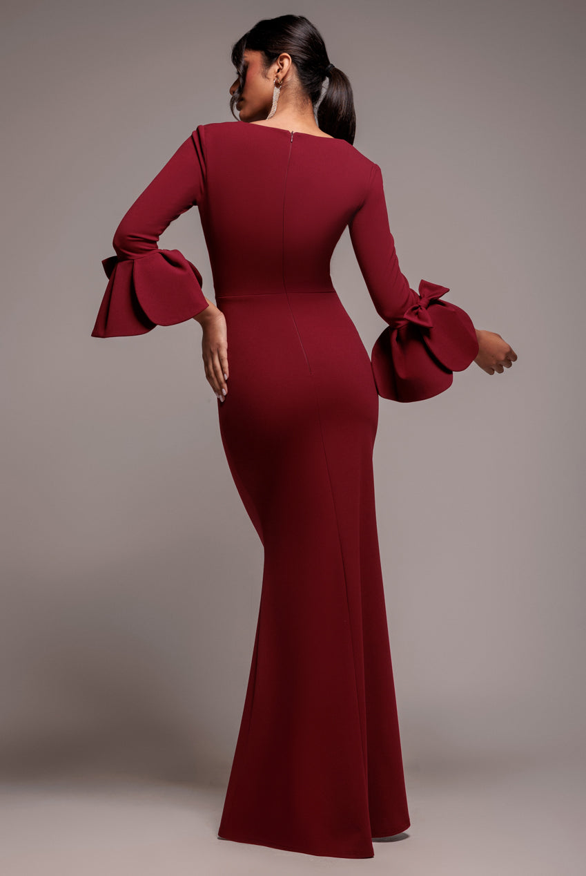Goddiva Petal Bow Sleeve Frill Maxi Dress - Wine