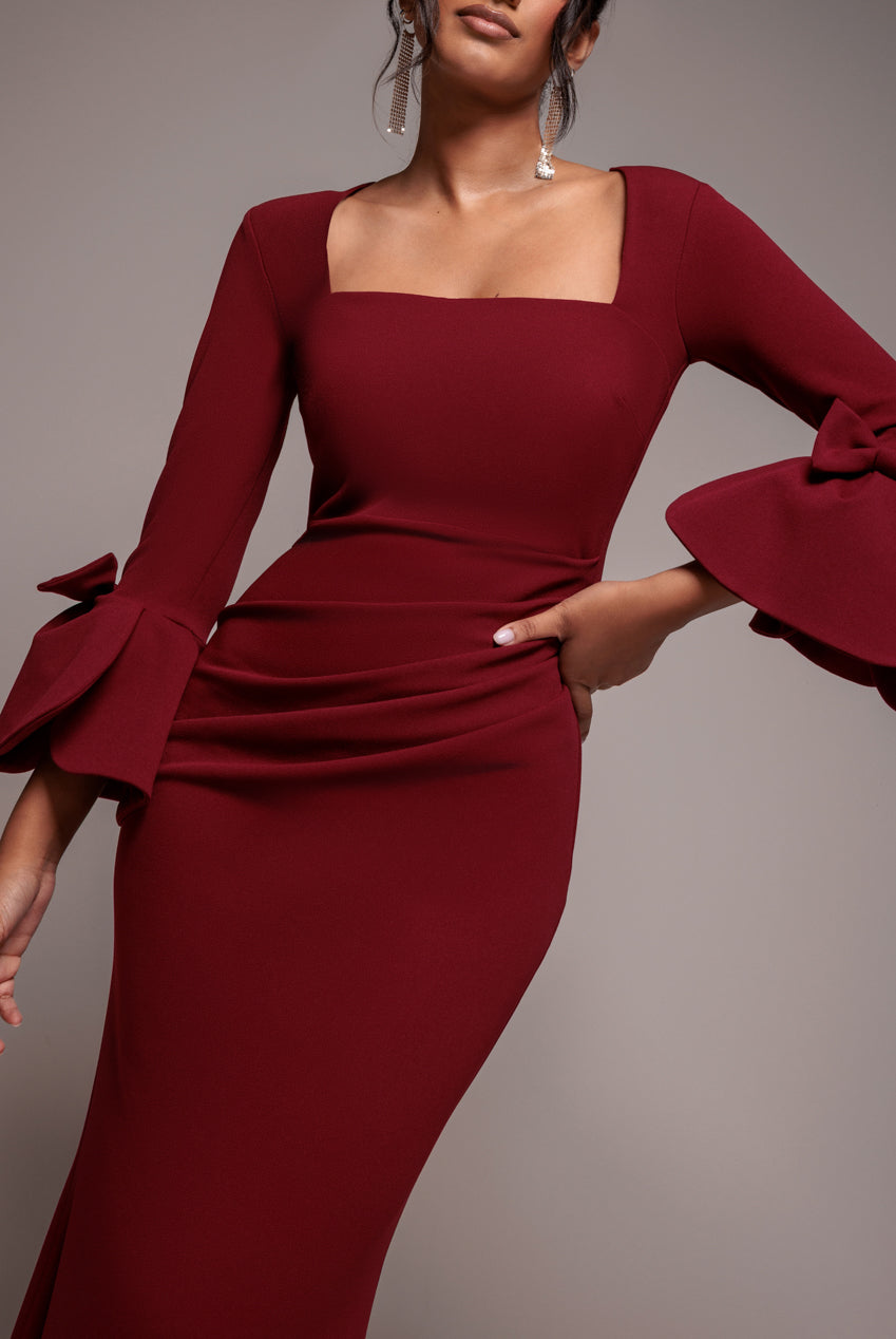 Goddiva Petal Bow Sleeve Frill Maxi Dress - Wine
