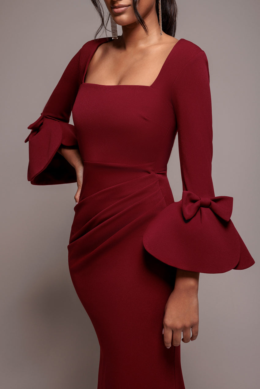 Goddiva Petal Bow Sleeve Frill Maxi Dress - Wine