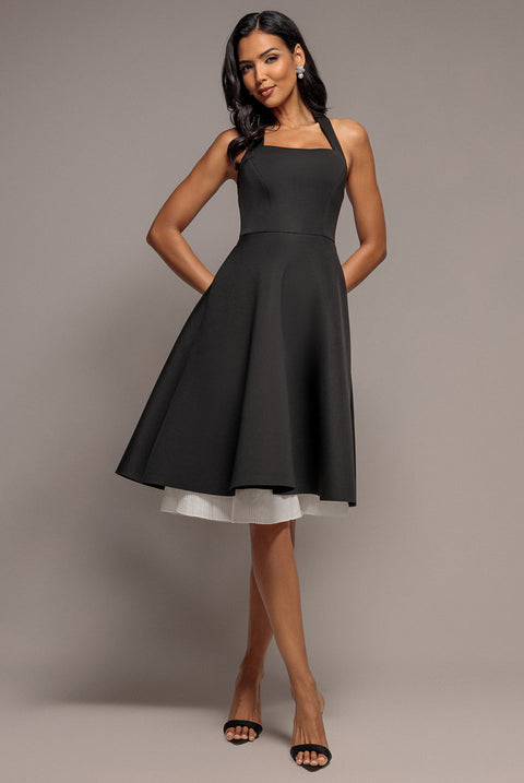 Goddiva Contrast Organza Frill Bow Back Halter Midi Dress - Black Cream