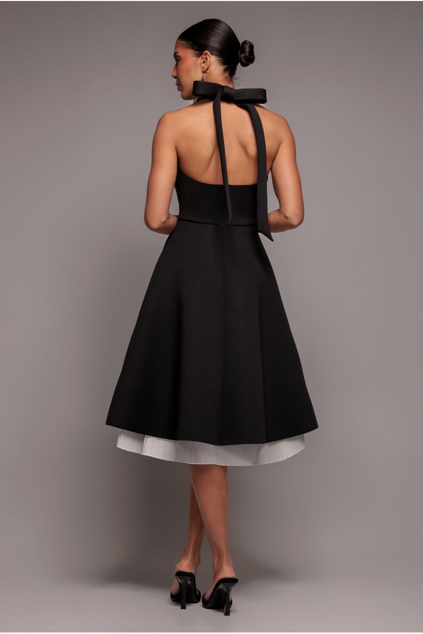 Goddiva Contrast Organza Frill Bow Back Halter Midi Dress - Black Cream