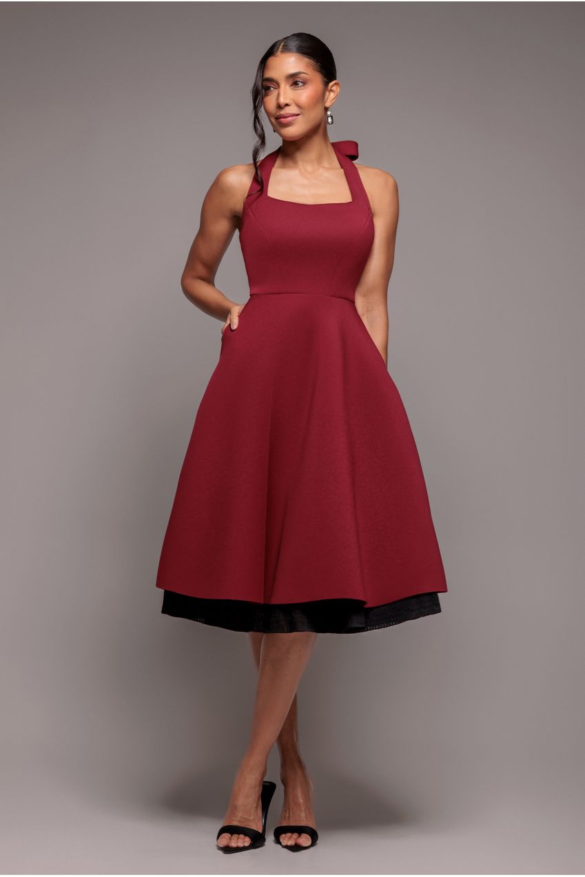 Goddiva Contrast Organza Frill Bow Back Halter Midi Dress - Burgundy Black