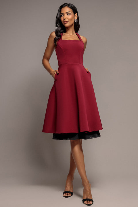 Goddiva Contrast Organza Frill Bow Back Halter Midi Dress - Burgundy Black