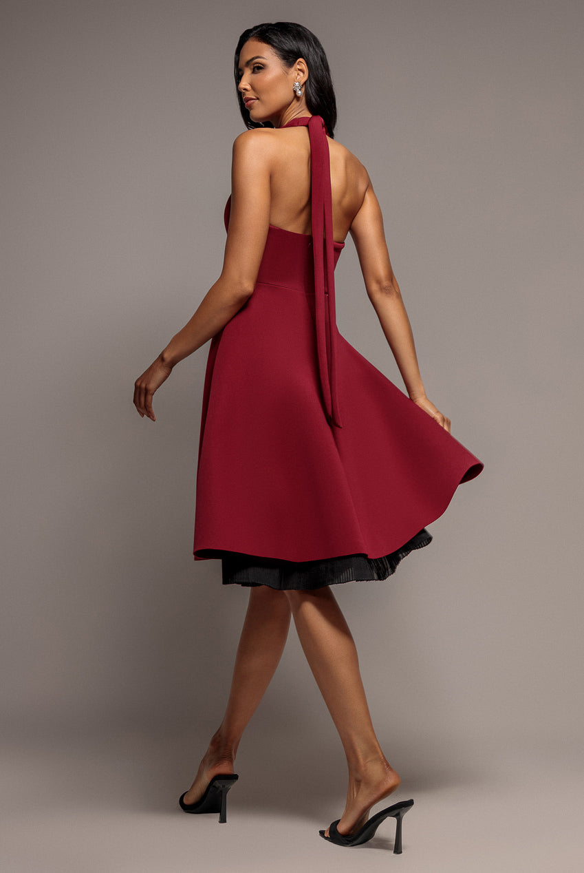 Goddiva Contrast Organza Frill Bow Back Halter Midi Dress - Burgundy Black