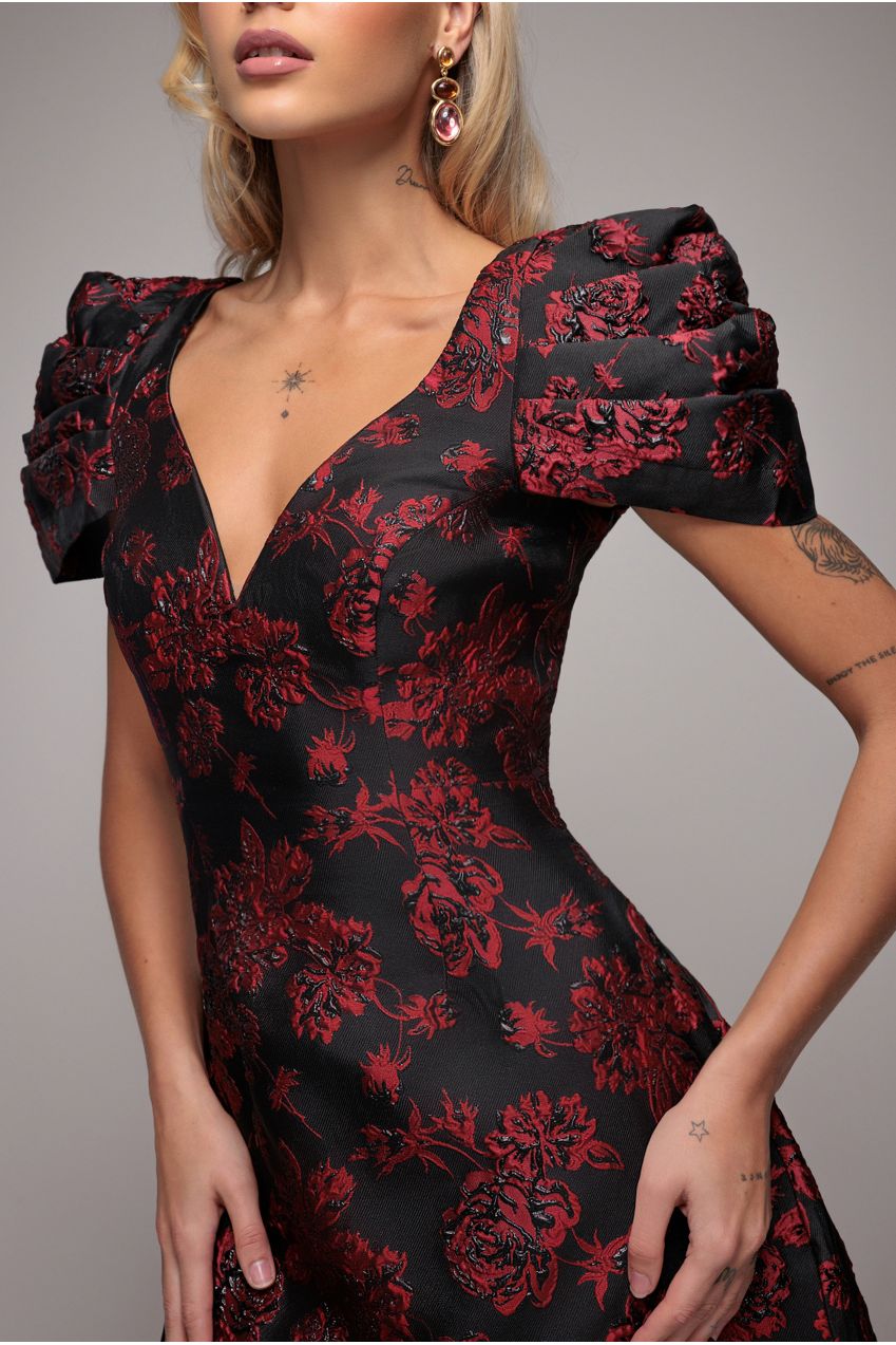 Goddiva Plunging Neck Pleated Sleeve Jacquard Mini Dress - Black