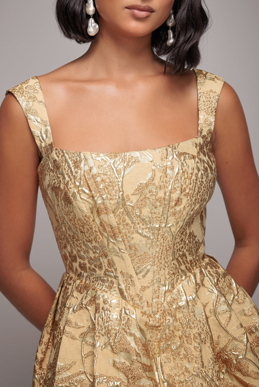 Goddiva Corset Balloon Skirt Lace Up Back Mini Dress - Gold