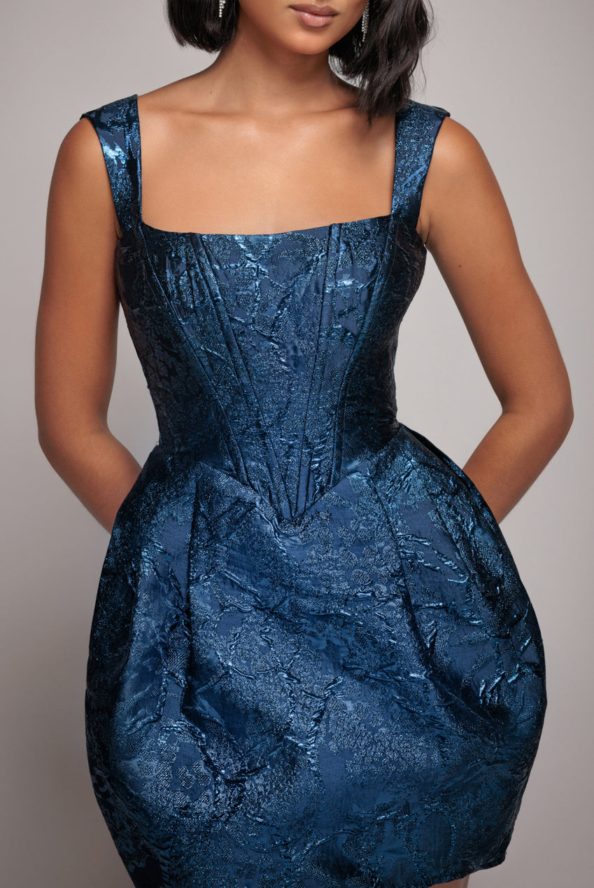 Goddiva Corset Balloon Skirt Lace Up Back Mini Dress - Navy Blue