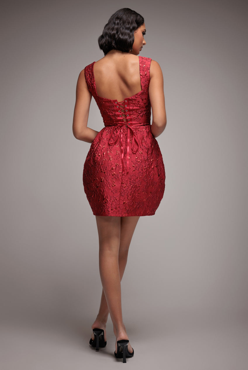 Goddiva Corset Balloon Skirt Lace Up Back Mini Dress - Red