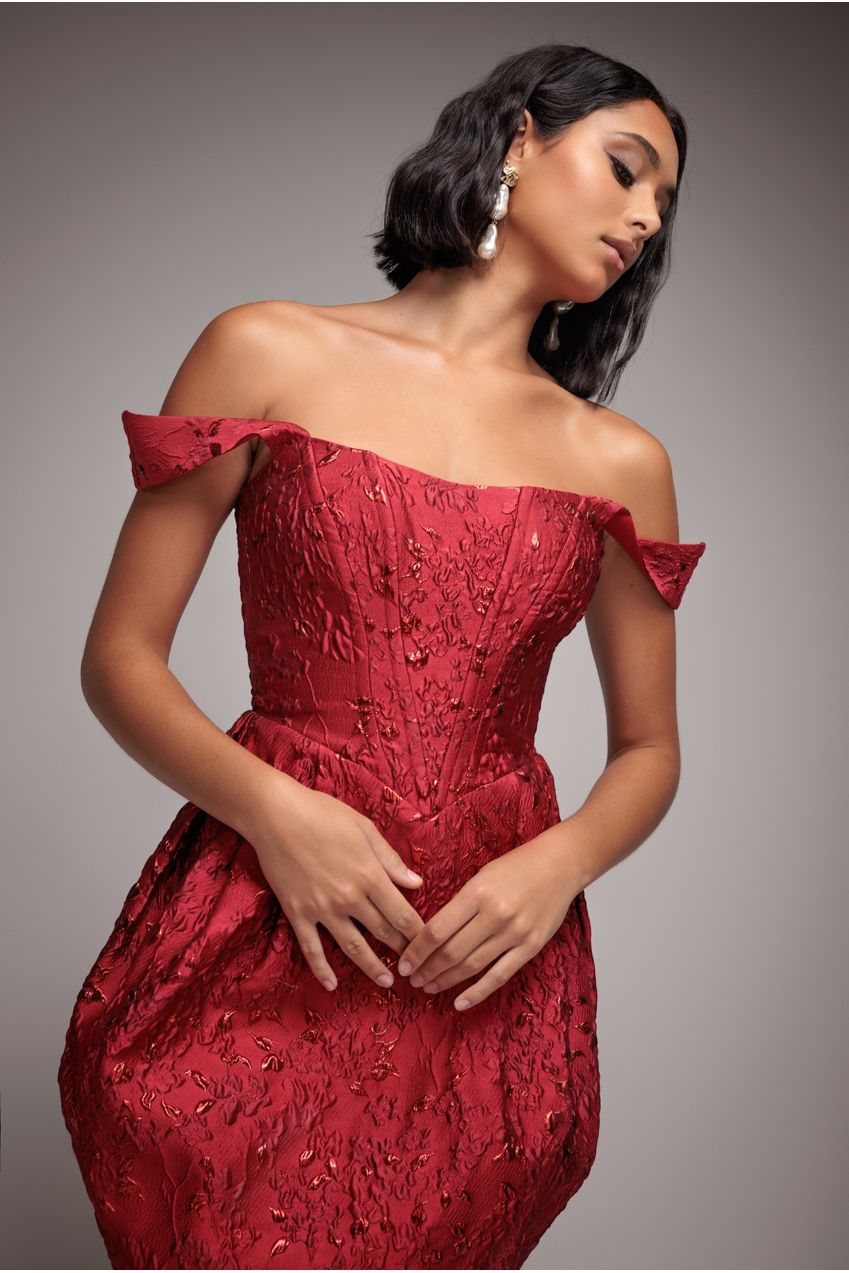Goddiva Corset Balloon Skirt Lace Up Back Mini Dress - Red