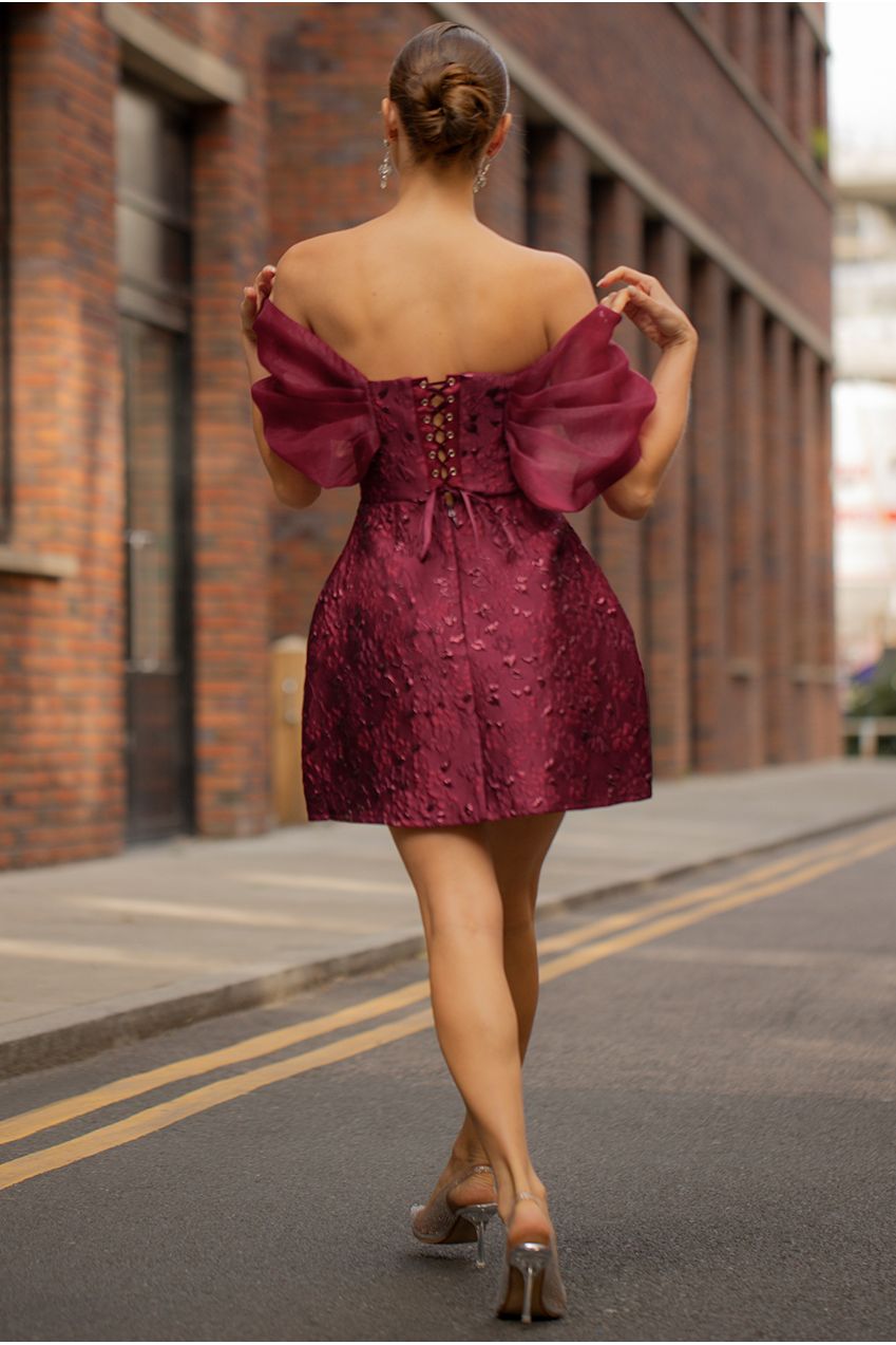 Goddiva Lace Up Jacquard Mini Dress With Organza Wings - Burgundy Red