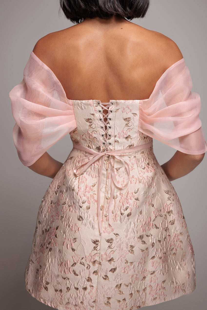 Goddiva Lace Up Jacquard Mini Dress With Organza Wings - Blush Pink