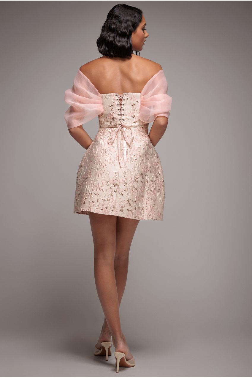Goddiva Lace Up Jacquard Mini Dress With Organza Wings - Blush Pink