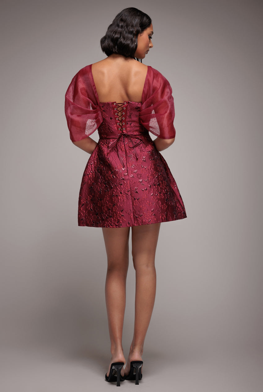 Goddiva Lace Up Jacquard Mini Dress With Organza Wings - Burgundy Red