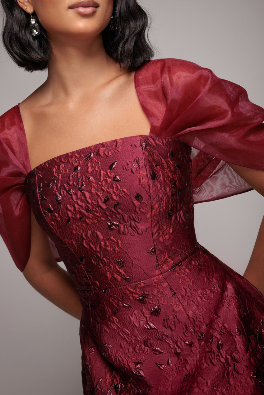 Goddiva Lace Up Jacquard Mini Dress With Organza Wings - Burgundy Red