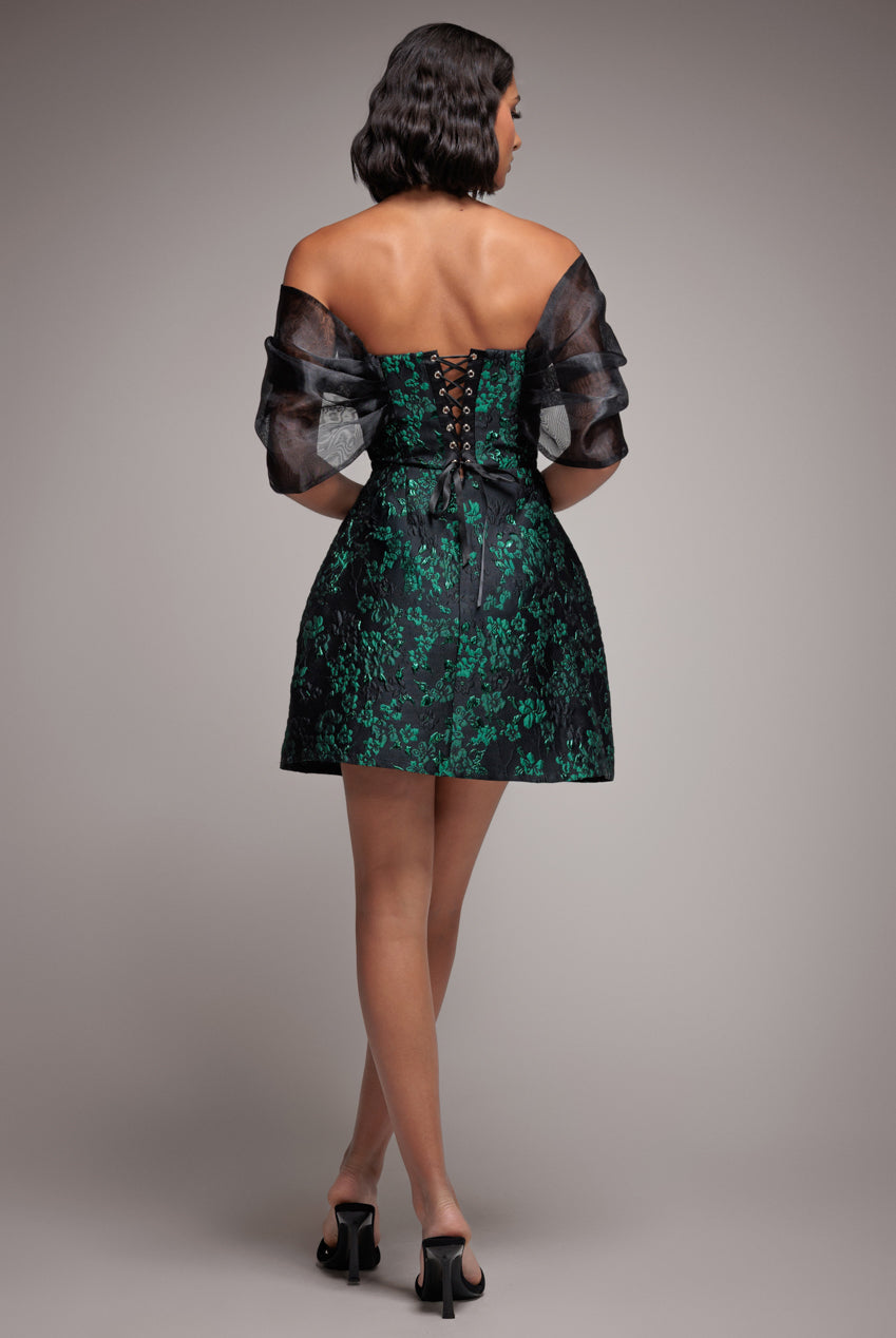 Goddiva Lace Up Jacquard Mini Dress With Organza Wings - Emerald Black
