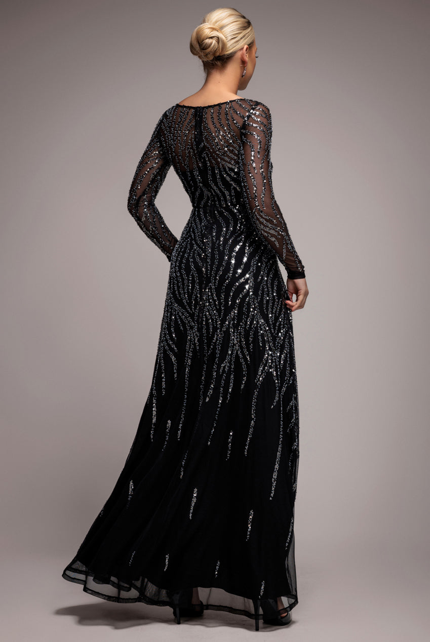 Goddiva Ombre Sequin Beaded Flared Long Sleeve Maxi Dress - Black