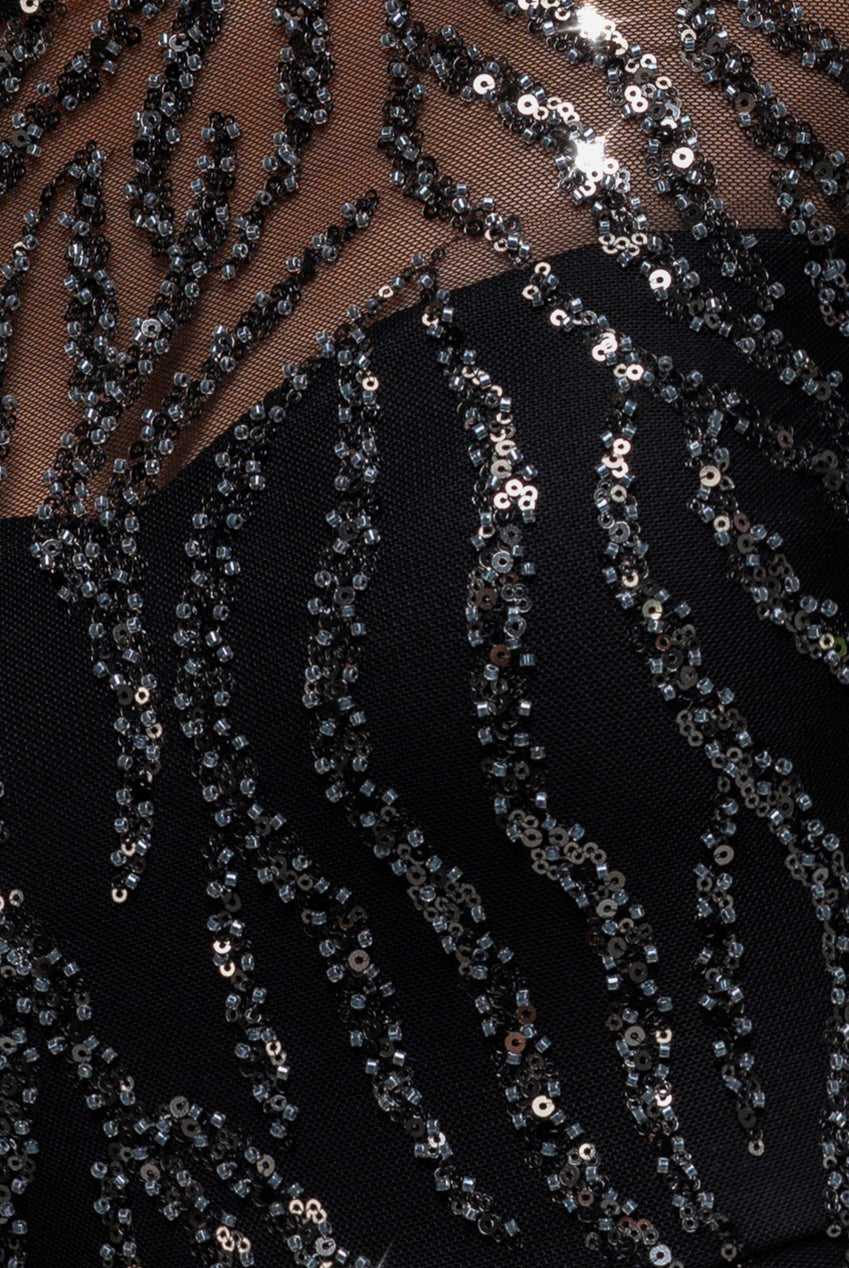 Goddiva Ombre Sequin Beaded Flared Long Sleeve Maxi Dress - Black