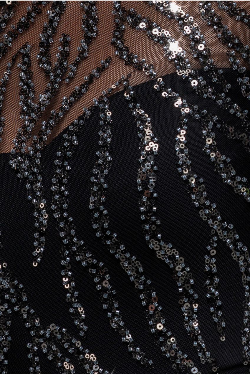 Goddiva Ombre Sequin Beaded Flared Long Sleeve Maxi Dress - Black
