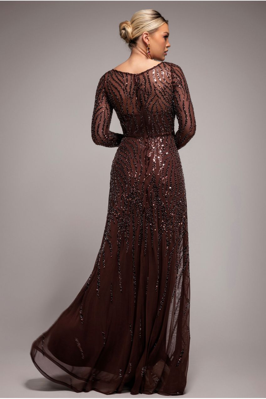 Goddiva Ombre Sequin Beaded Flared Long Sleeve Maxi Dress - Brown