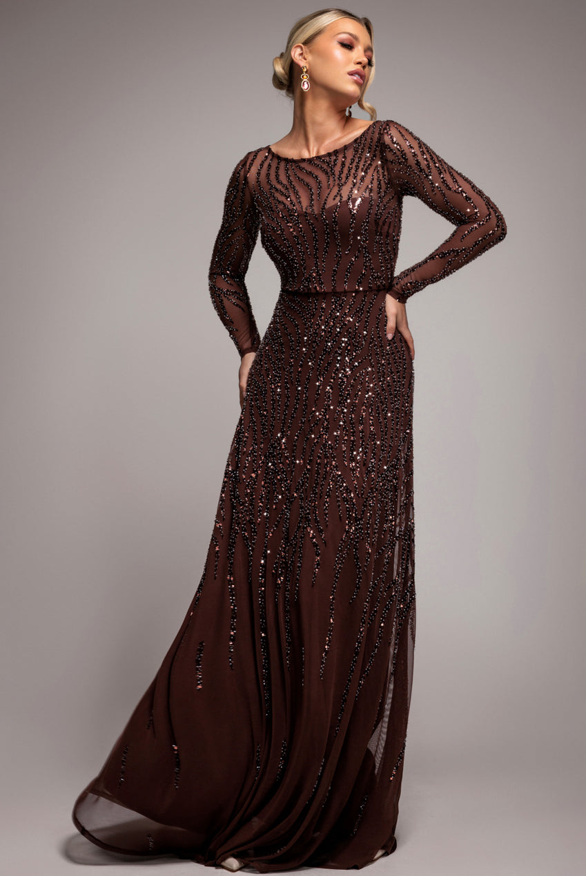 Goddiva Ombre Sequin Beaded Flared Long Sleeve Maxi Dress - Brown