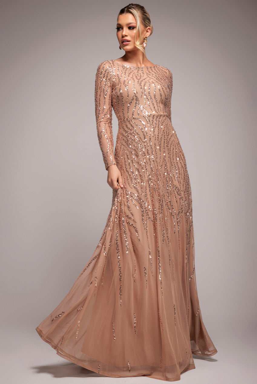 Goddiva Ombre Sequin Beaded Flared Long Sleeve Maxi Dress - Champagne