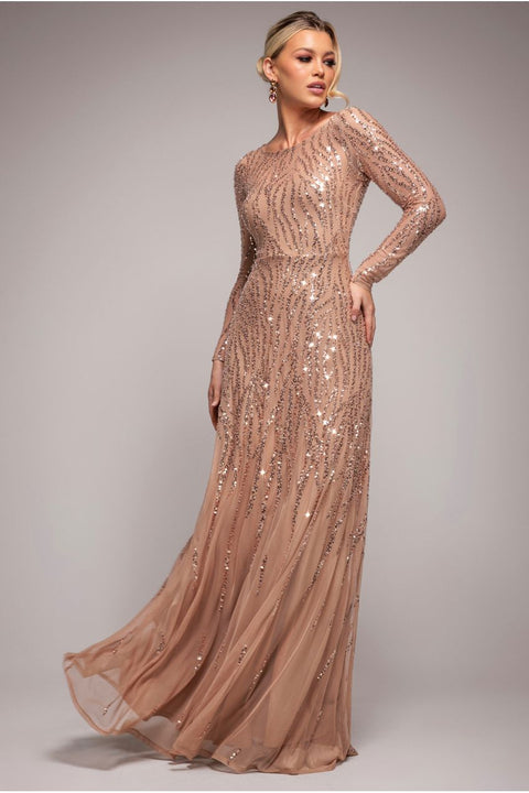 Goddiva Ombre Sequin Beaded Flared Long Sleeve Maxi Dress - Champagne