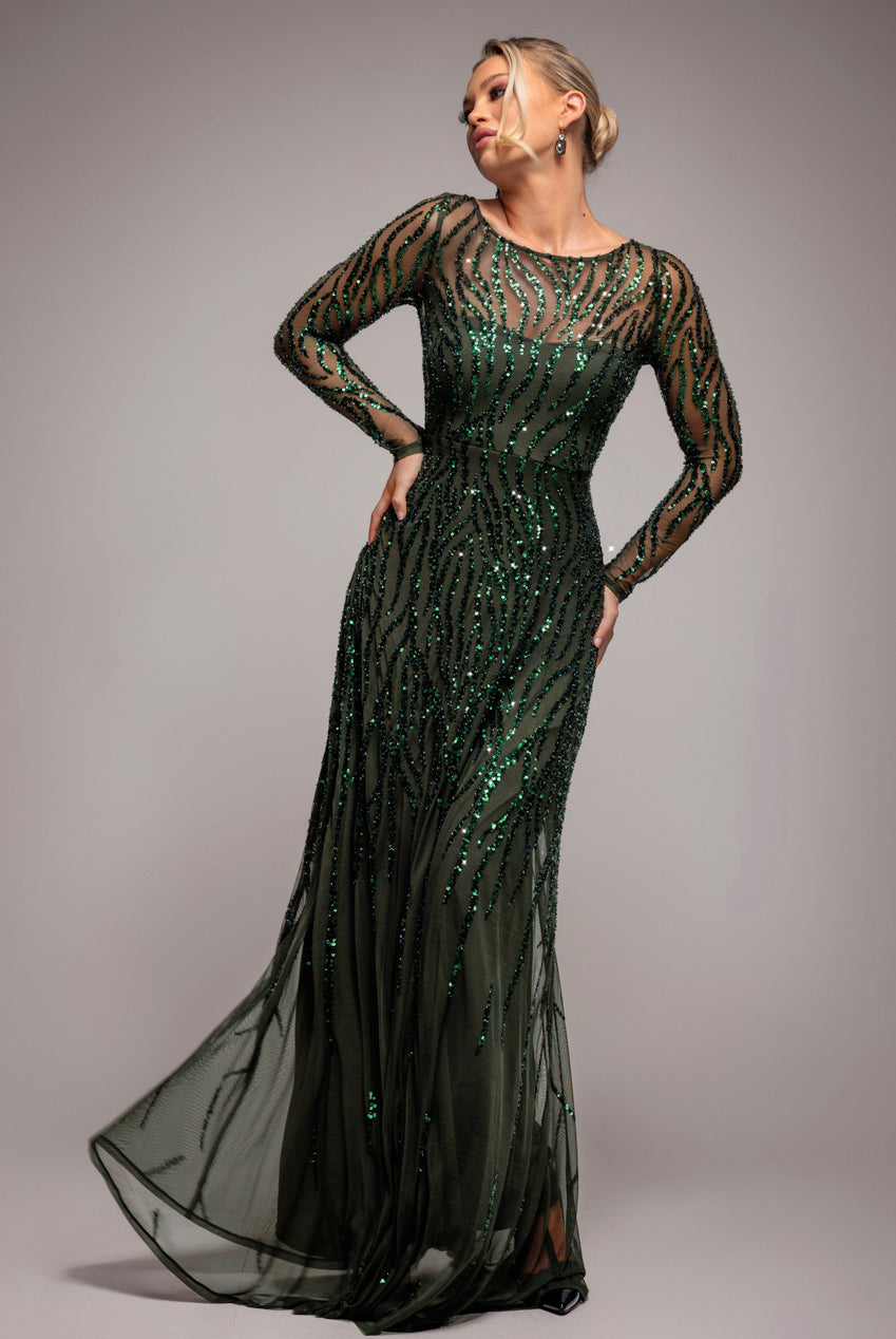 Goddiva Ombre Sequin Beaded Flared Long Sleeve Maxi Dress - Olive Green