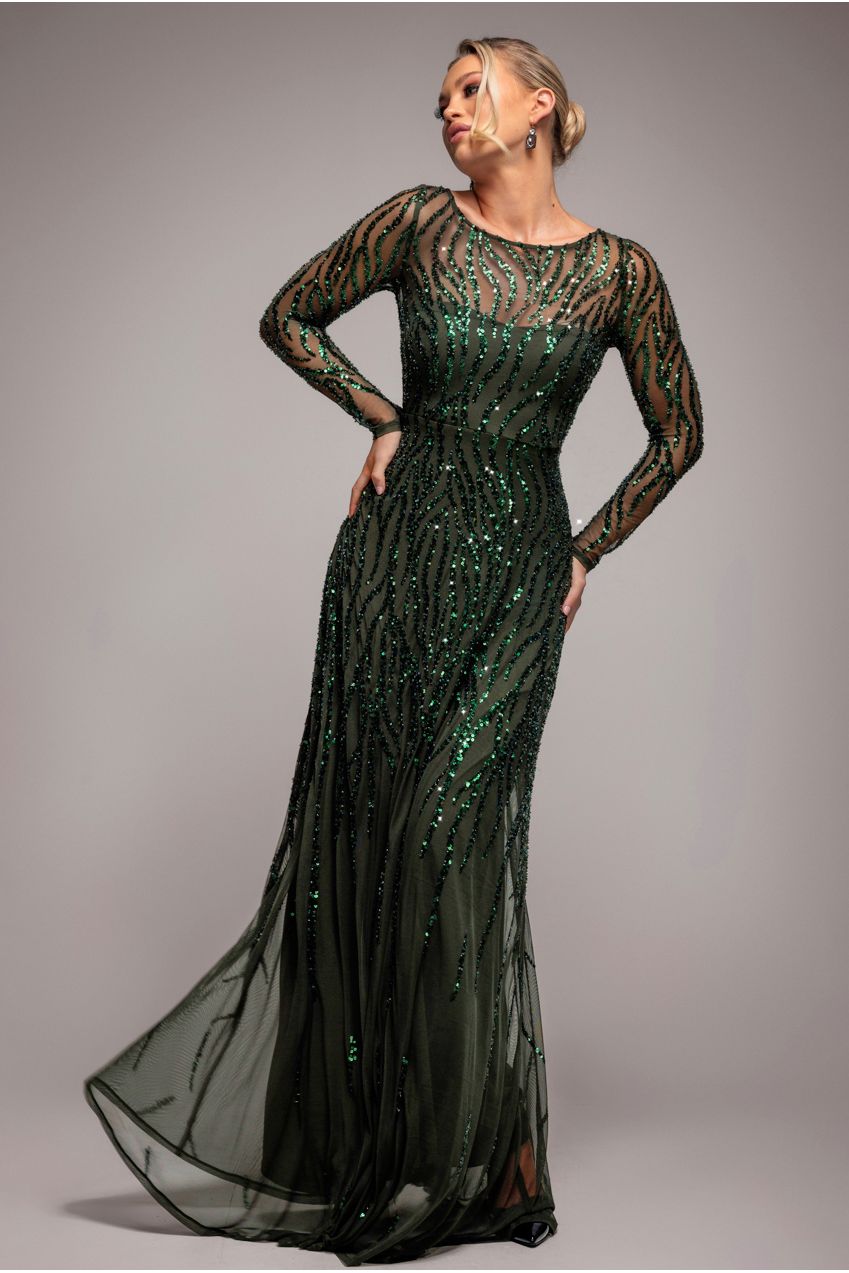 Goddiva Ombre Sequin Beaded Flared Long Sleeve Maxi Dress - Olive Green