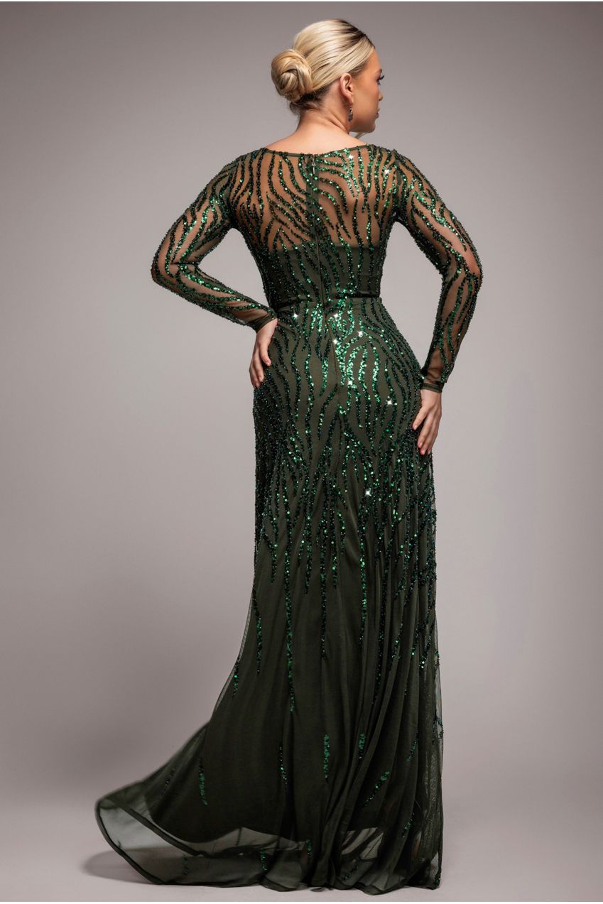 Goddiva Ombre Sequin Beaded Flared Long Sleeve Maxi Dress - Olive Green