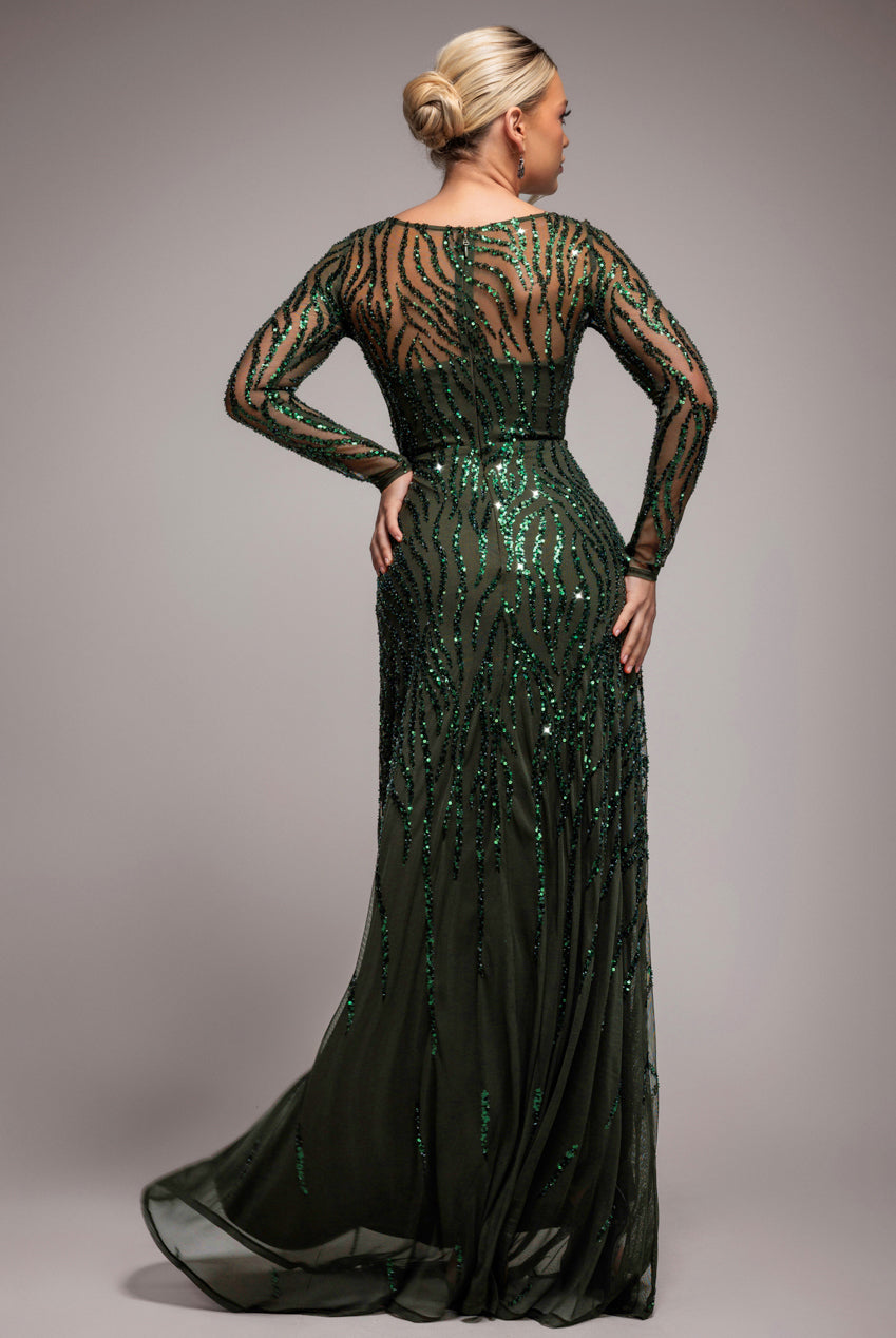 Goddiva Ombre Sequin Beaded Flared Long Sleeve Maxi Dress - Olive Green