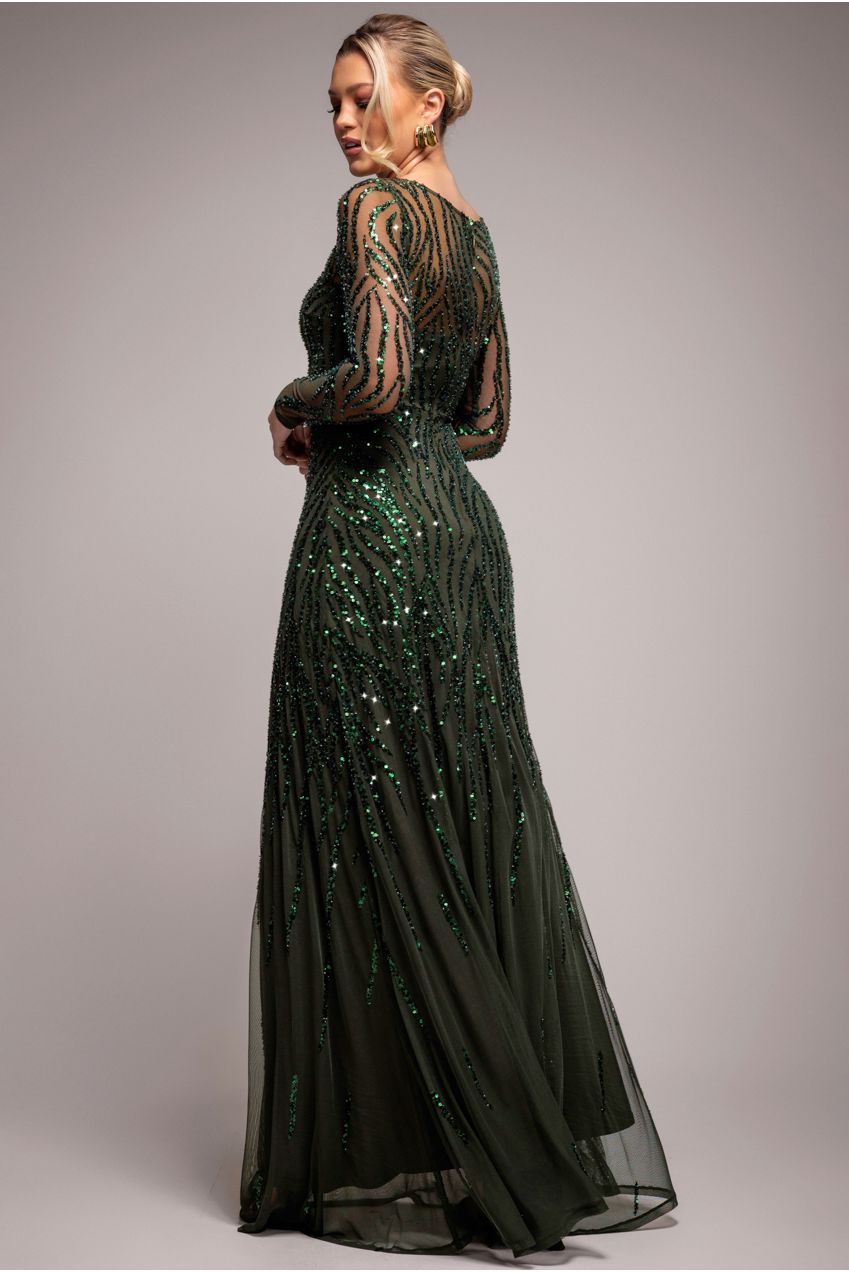 Goddiva Ombre Sequin Beaded Flared Long Sleeve Maxi Dress - Olive Green
