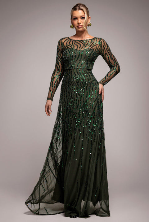 Goddiva Ombre Sequin Beaded Flared Long Sleeve Maxi Dress - Olive Green