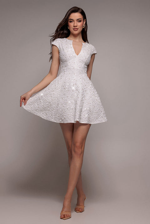 Goddiva Bead Embellished Jacquard Skater Mini Dress - White