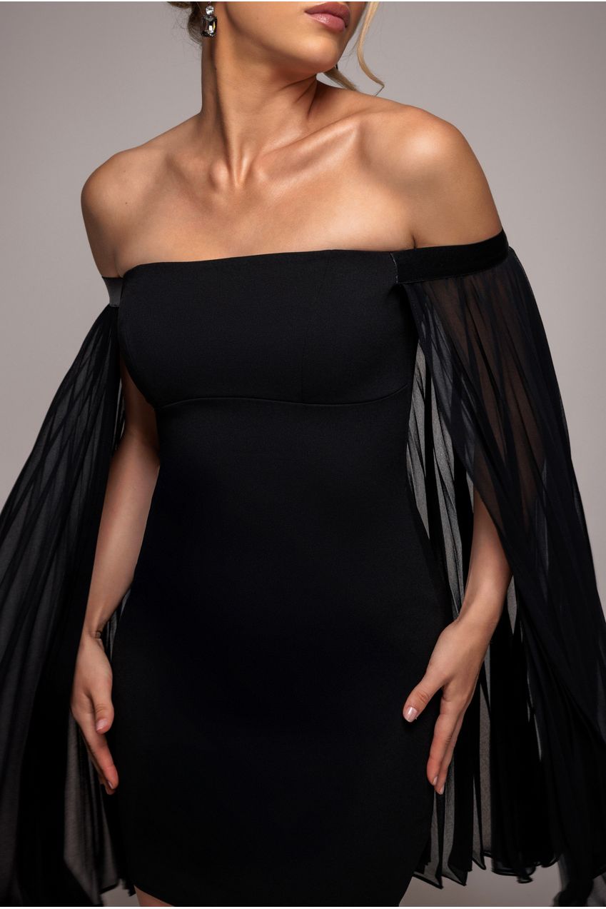 Goddiva Strapless Mini Dress With Pleated Chiffon Cape - Black