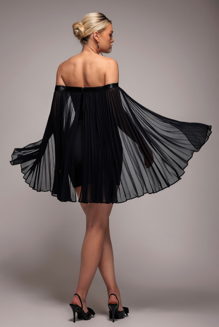 Goddiva Strapless Mini Dress With Pleated Chiffon Cape - Black