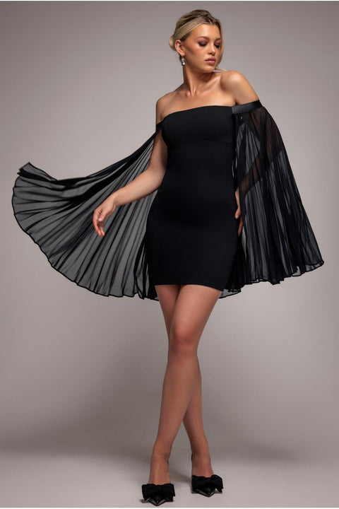Goddiva Strapless Mini Dress With Pleated Chiffon Cape - Black
