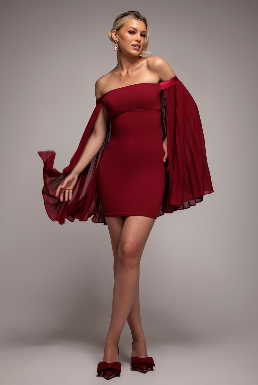 Goddiva Strapless Mini Dress With Pleated Chiffon Cape - Burgundy
