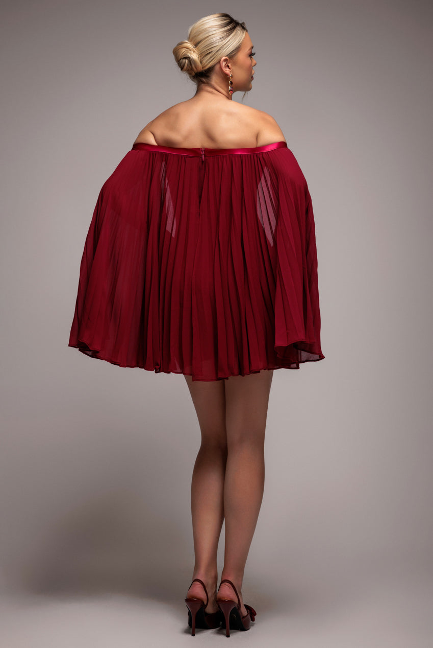 Goddiva Strapless Mini Dress With Pleated Chiffon Cape - Burgundy