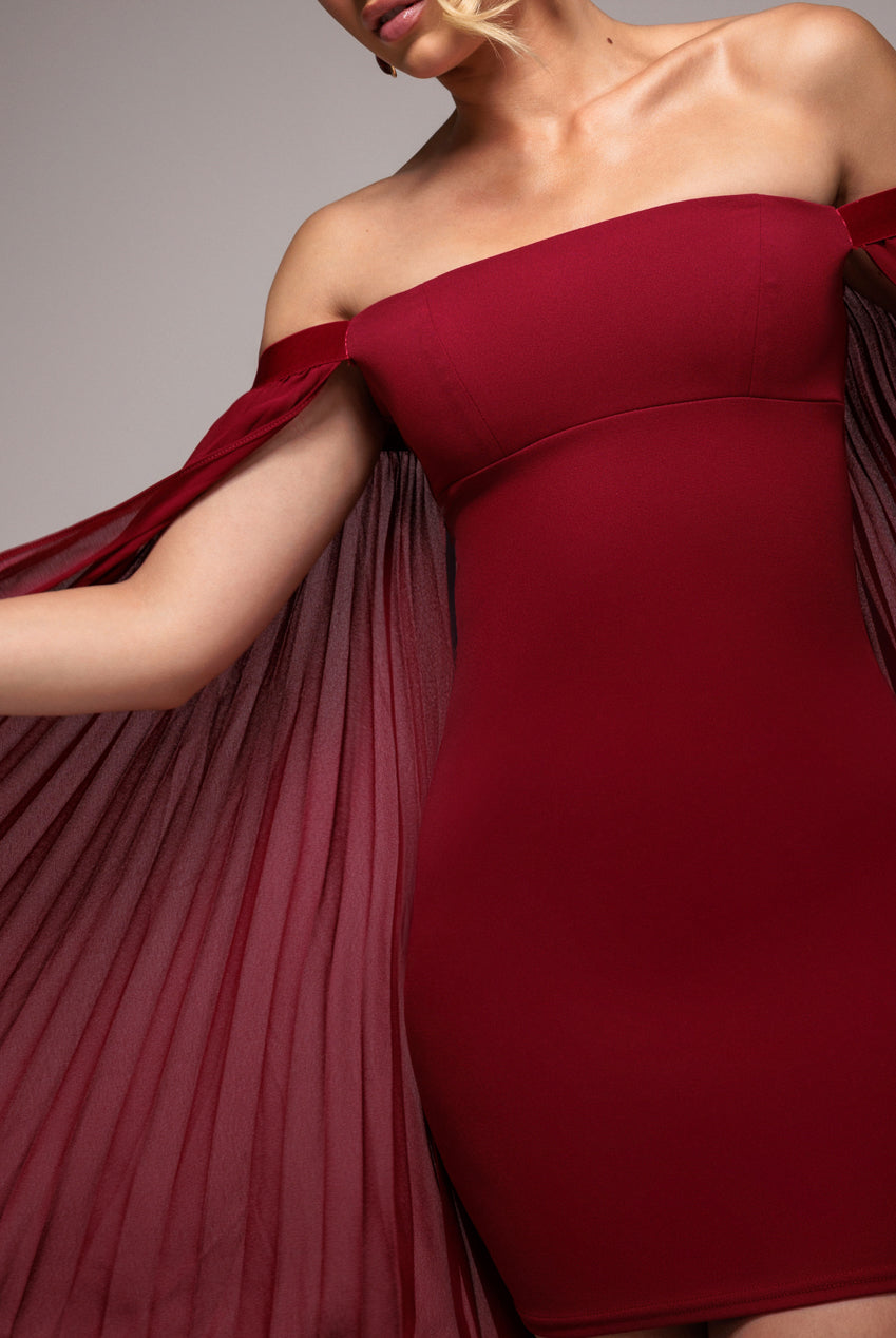 Goddiva Strapless Mini Dress With Pleated Chiffon Cape - Burgundy